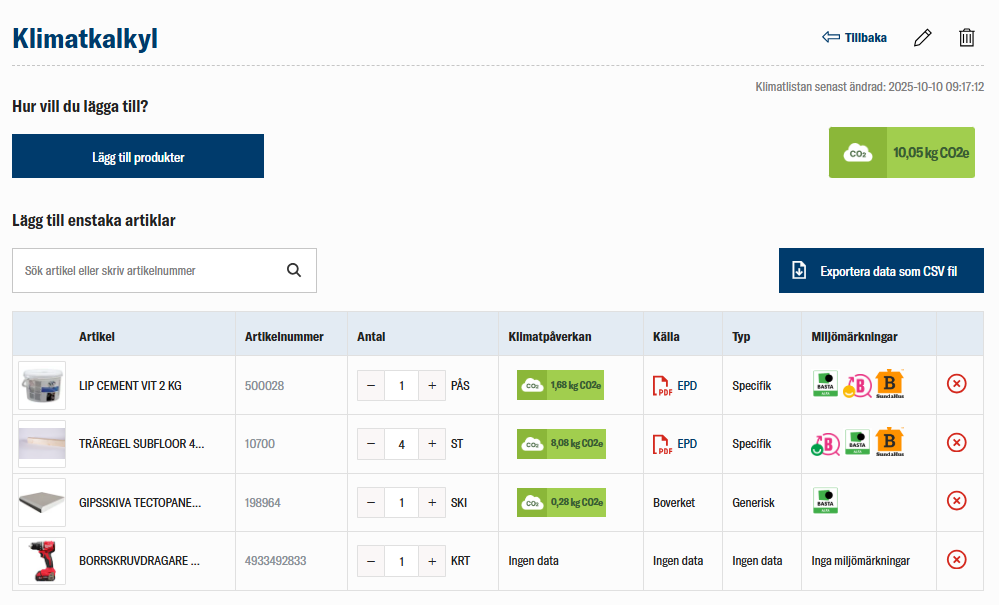 Klimatkalkyl hos Brukspecialisten där byggprodukter listas med klimatpåverkan, källa och miljömärkningar.