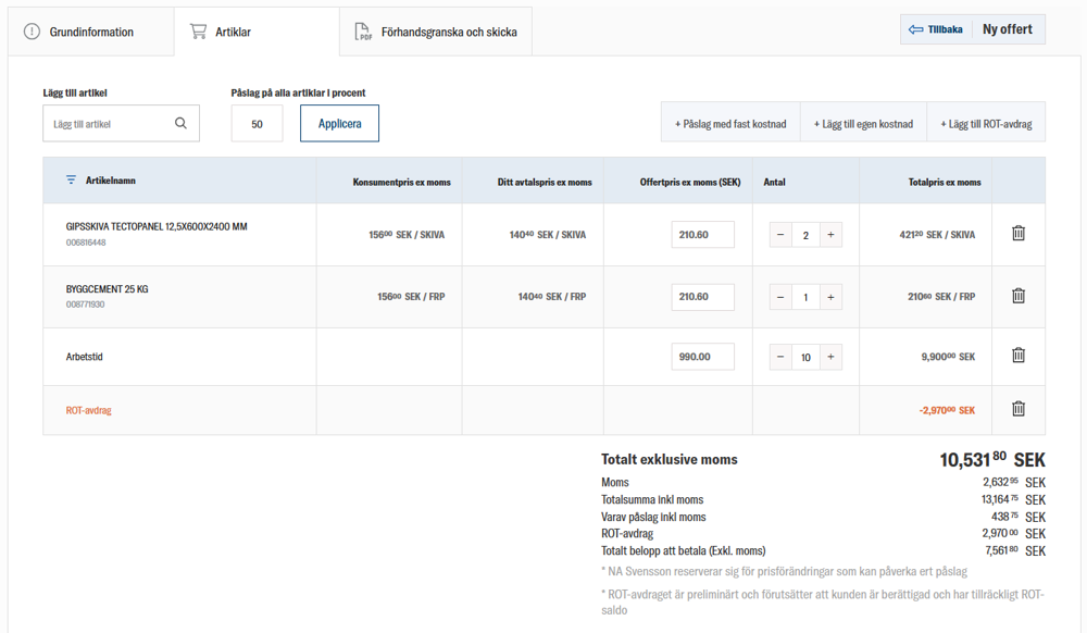 nomenu  Offertverktyg hos Brukspecialisten som visar produktpriser, påslag och ROT-avdrag.