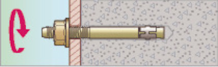 Illustration av en bult som skruvas in i betong med en mutter och en rosa roterande pil.