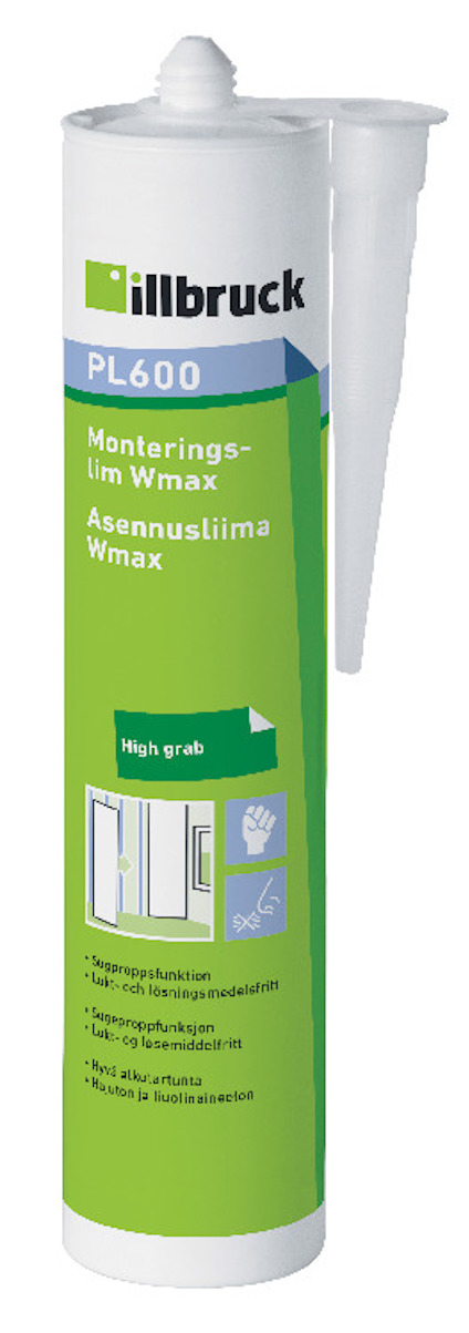 Grön och vit förpackning av monteringslim PL600 från illbruck, med grafiska ikoner och text på tre språk.