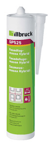 En vit tub med grön och röd etikett märkt "illbruck SP525" och text om fasadfogmassa på flera språk.