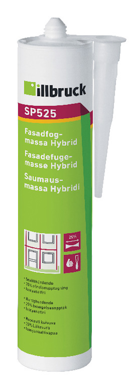 En vit tub med grön och röd etikett märkt "illbruck SP525" och text om fasadfogmassa på flera språk.