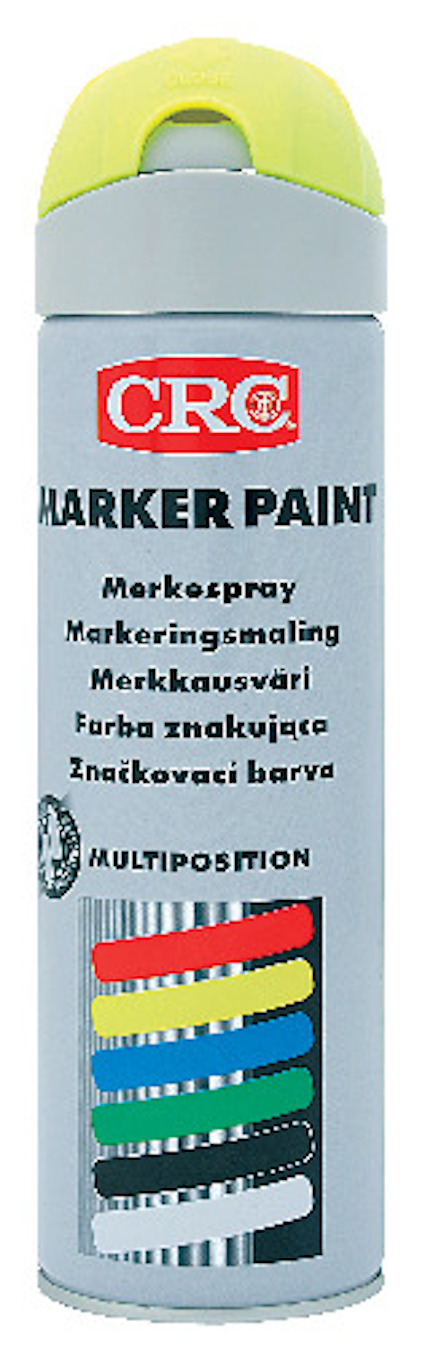 Sprayburk med märkfärg, grå med en gul kork, etikett har text på flera språk och färgprover i olika kulörer.