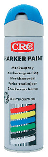 Sprayburk med blått lock, etikett visar flera språk och färgprover i rött, blått, grönt, gult och vitt.