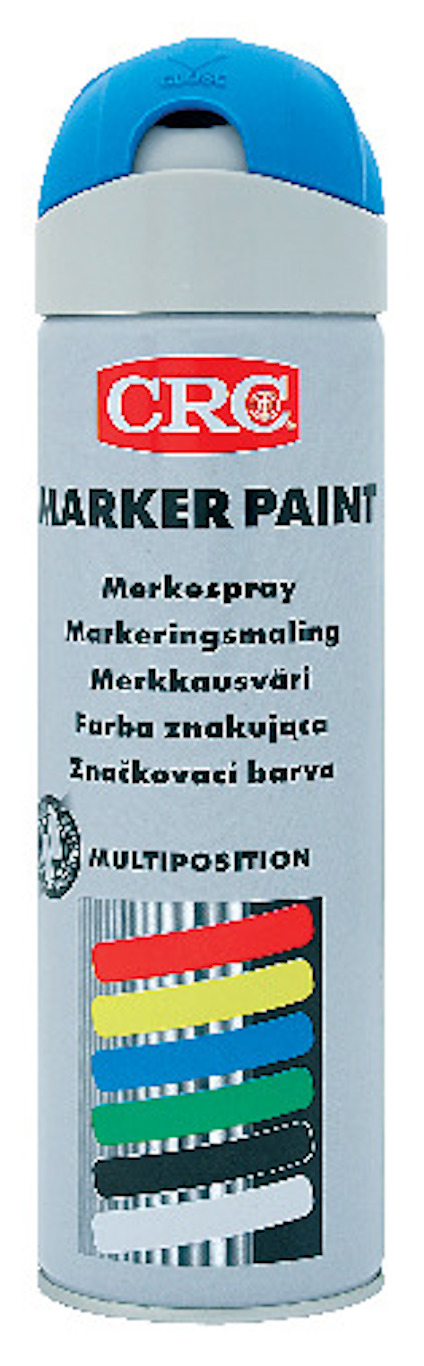 Sprayburk med blått lock, etikett visar flera språk och färgprover i rött, blått, grönt, gult och vitt.