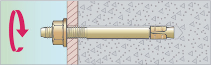 Expansionsbult som monteras i en betongvägg, med en röd pil som indikerar vridriktning.