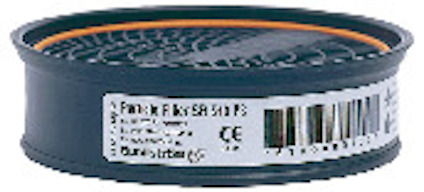 Rund, svart partikelmaskinfiltretikett med texten "Particle Filter SR 510 P3" och streckkod.