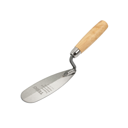 Murstensverktyg med trähantag och metallblad, krökt för murverksarbete.
