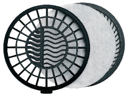 Rund förfilterkassett med svart plastgaller och vitt filtermaterial inuti.