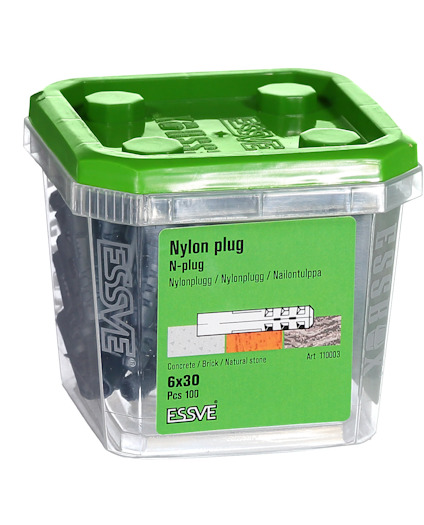 Plastförpackning med grönt lock innehållande Essve Nylonpluggar, storlek 6x30, 100 stycken.