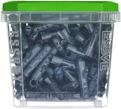 Transparent plastbehållare med svarta pluggar och grön lock. Text på sidan: "ESSVE".