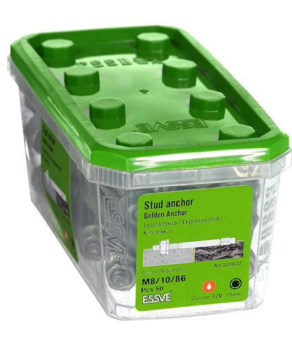 Plastbehållare med grönt lock, innehållandes 50 st M8/10/86 expansionsbeslag. Texten inkluderar "Stud anchor."