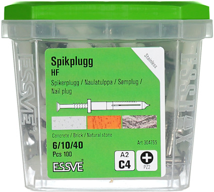 Förpackning med 100 rostfria spikpluggar, 6/10/40, för betong/tegel/natursten, varumärke ESSVE.