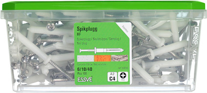 Grön plastlåda med vita spikpluggar från ESSVE, etikett med produktinformation och illustration.