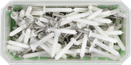 Plastlåda med vita plastpluggar och metallskruvar.