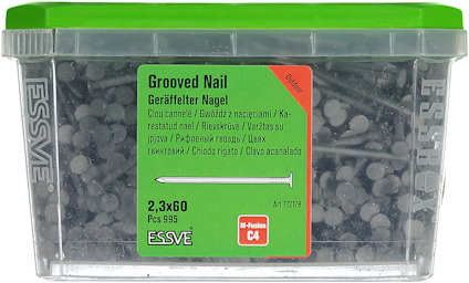 Essve låda med räfflade spikar, 2,3x60 mm, innehåller 995 st. Art.nr. 1727178.