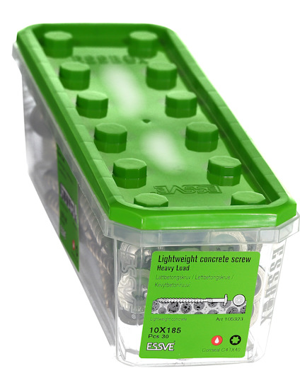 Plastburk med grönt lock innehållande lättbetongskruvar, text "Lightweight concrete screw Heavy Load".