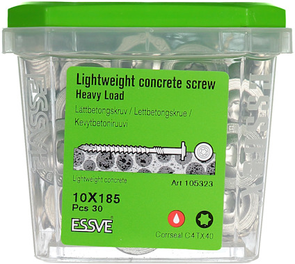 Förpackning med lättbetongskruv, ESSVE, 10x185 mm, 30 stycken. Text på flera språk. Art.nr 105323.