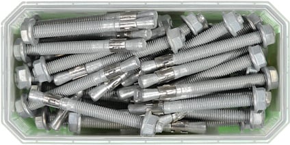 Låda med flera metallbultar med sexkantshuvuden och delade gängade ändar.