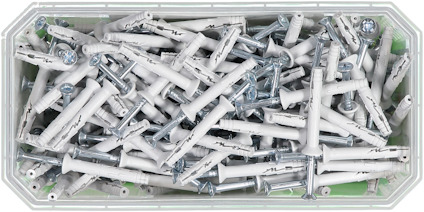 Plastlåda med vita och gröna pluggar samt skruvar.