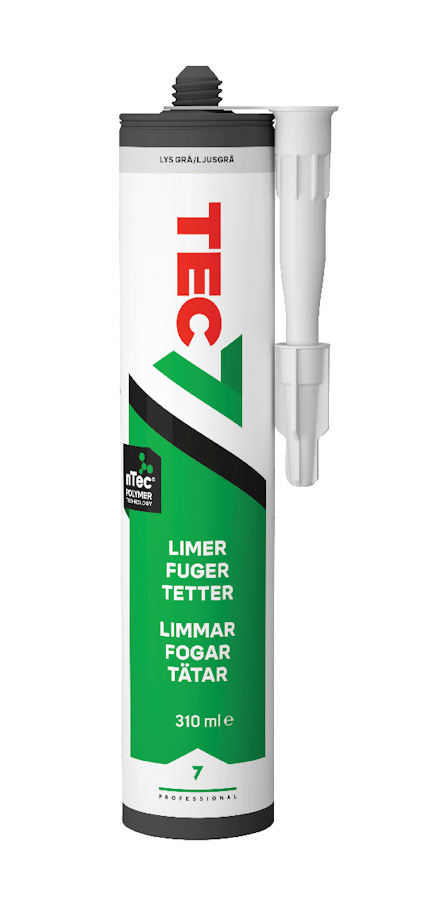Kassett med fogmassa från Tec7 i ljusgrått med grön etikett och text om limning och tätning.