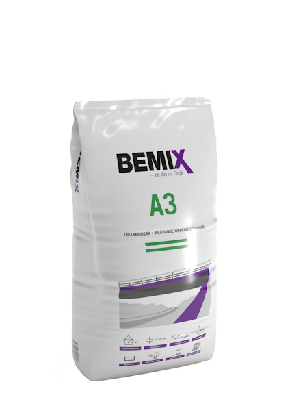 Förpackning för Bemix A3 expanderbruk med text och grafik som visar bro och byggikoner.