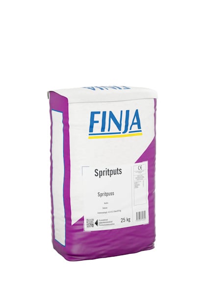Förpackning med texten "Finja Spritputs" och märkning om innehåll och vikt på 25 kg.
