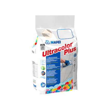 Förpackning med texten "Mapei Ultracolor Plus", bild av kakelläggning och instruktioner på sidan.
