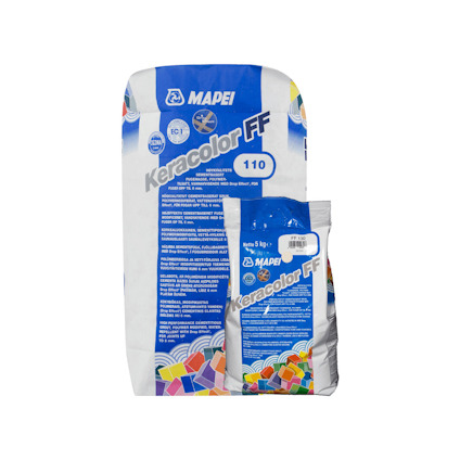 Förpackning med Mapei Keracolor FF fogmassa, vit cementbaserad, 5 kg, med logotyp och färgglad mosaikbild.