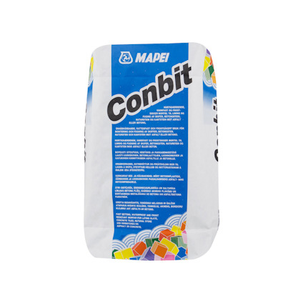 Påsen visar text och färgglada kuber med märket "Mapei Conbit".